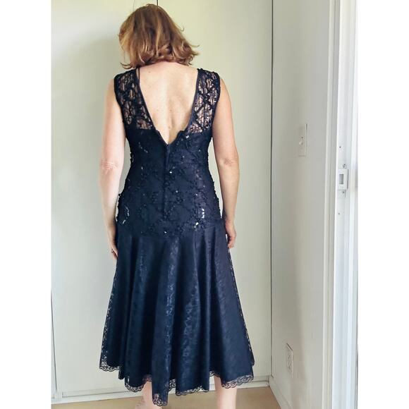Vintage 80s Formal Party Dress Black Lace Sequin Midi Fit Size Medium Fitted - Picture 4 of 12
